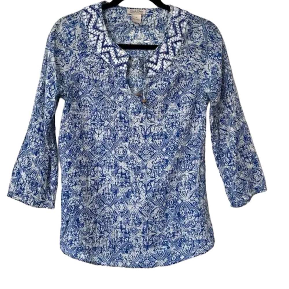 LUCKY Brand Peasant Boho Print Blue Keyhole Beaded Tie Blouse EUC sz XL